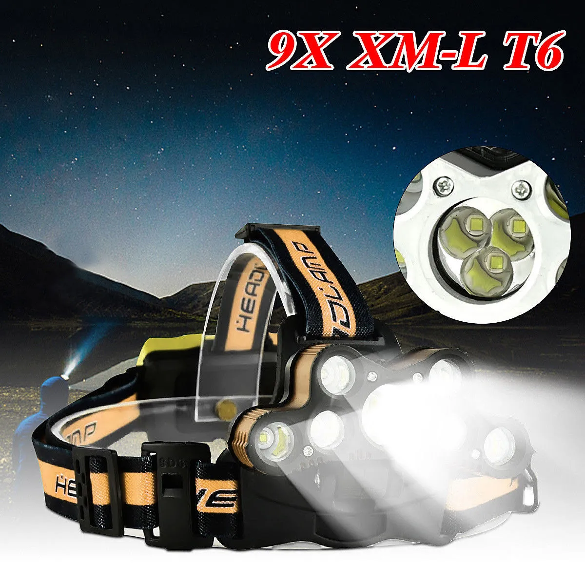 Outdoor Lighting Bicycle Light 45000 LM 9X XM-L T6 LED Rechargeable Bike Headlamp Headlight Travel Head Torch D25 | Спорт и