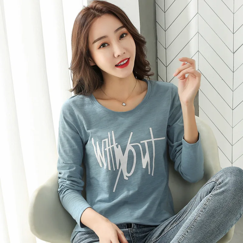 

Футболка женская с длинным рукавом, Свободный Топ с надписью, размера плюс хлопковая рубашка, на весну-осень