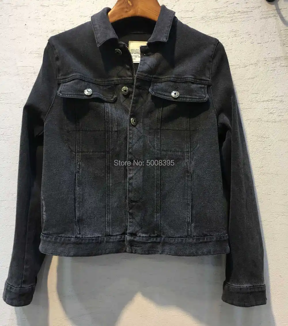 

Black Grey Short Denim Jacket Back Eagle Print Rhinestone Detail Front chest pockets Long sleeves