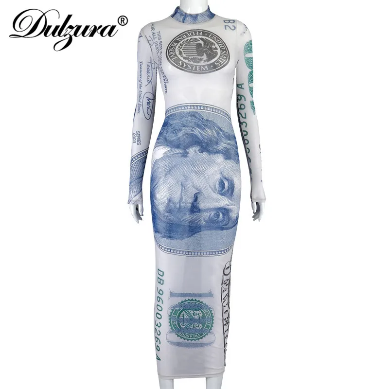 

Dulzura dollar print mesh sheer women maxi dress see through long sleeve bodycon sexy streetwear 2020 autumn winter clothes club