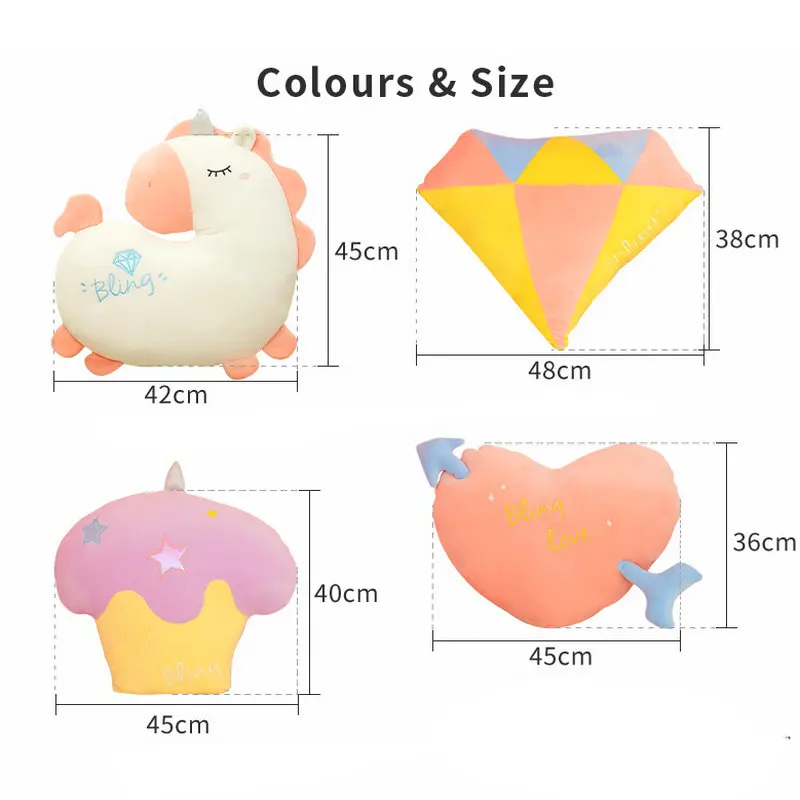 

Super Soft Rainbow Diamond UnIcorn Plush Pillow Stuffed Cupcake Fal in love Arrow Heart Sofa Decor Cushion Gift For Girlfriend
