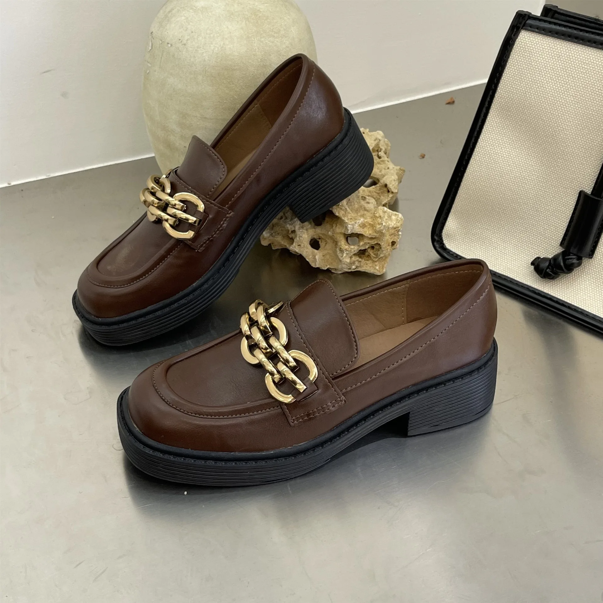 Female British Style New Thick-soled College Style Casual Loafers Genuine Leather Fashion Shoes Girls Flats Leisure Lazy Single