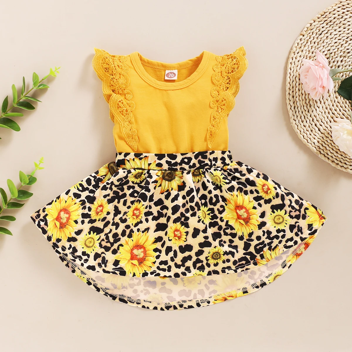 

Baby Girl Summer Dresses 0-18M Newborn Girl Clothes Pretty Sleeveless Sunflower Leopard Dress Lace Decor Baby Clothes Mikrdoo