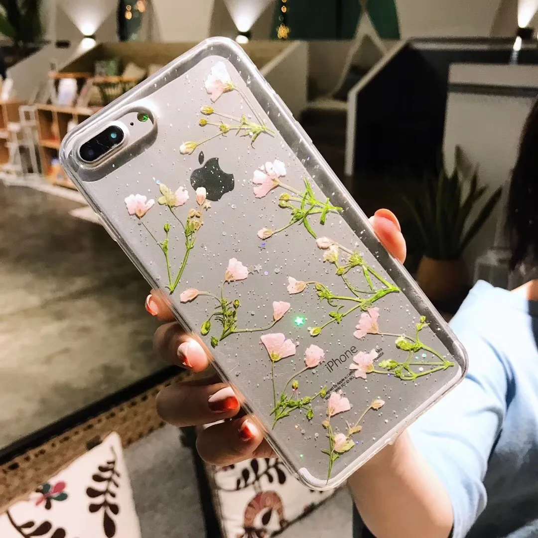 Прозрачный чехол с настоящими высушенными цветами для телефона IPhone 8 7 Plus 12 11 Pro Max