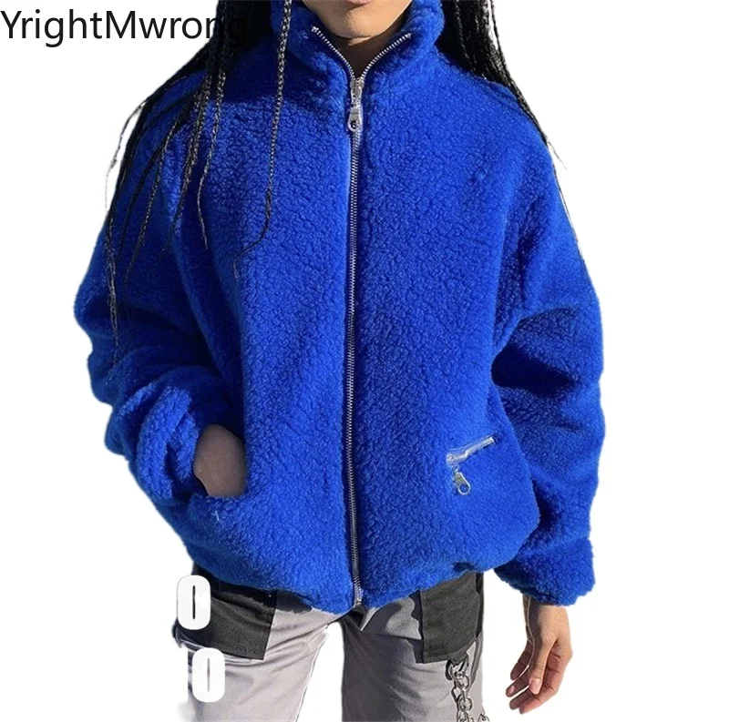 Зимняя теплая Толстая имитация овечьей шерсти плюшевая синяя модная куртка на