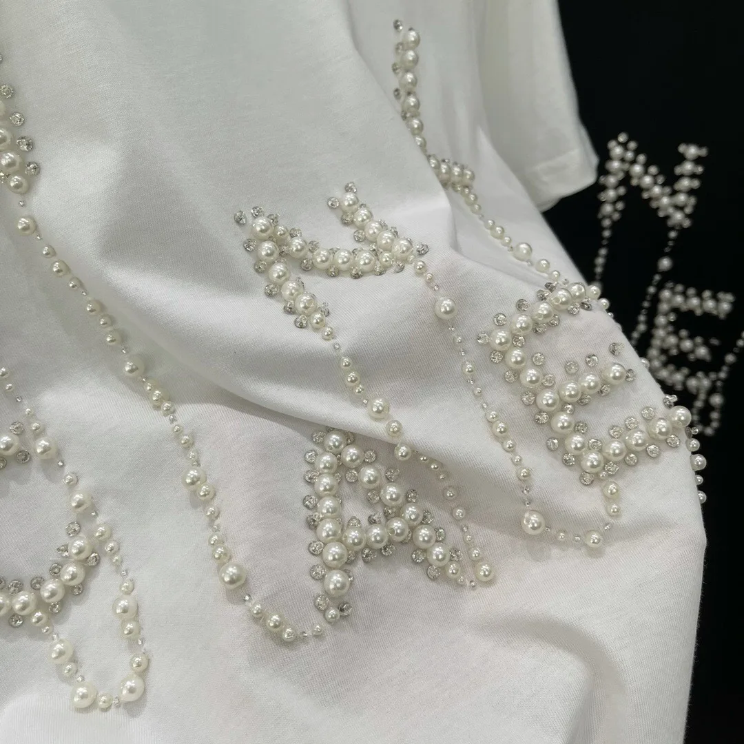 

111008 Summer New Luxury Women Fashion Classic Pearl Letter Logo Design Casua Short Sleeve Round Neck Cotton T-shirt C1