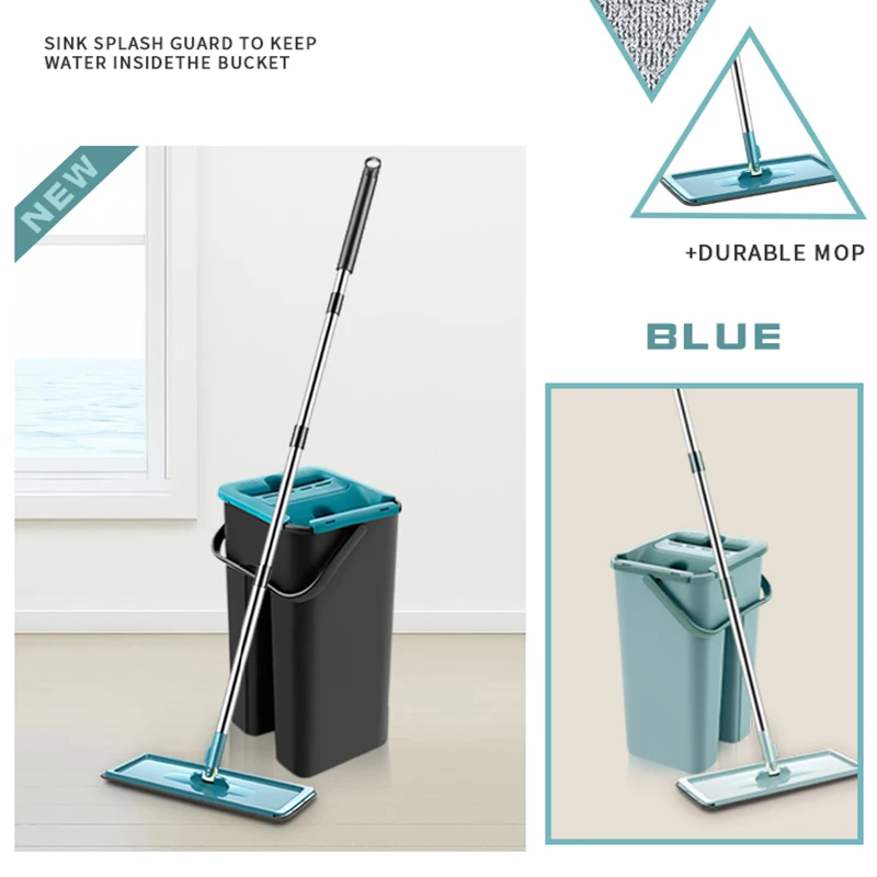 

Flat Squeeze Mop and Bucket No Hand Twist Floor Cleaning Microfiber Pad Wet or Dry Use on Hardwood Composite Tile