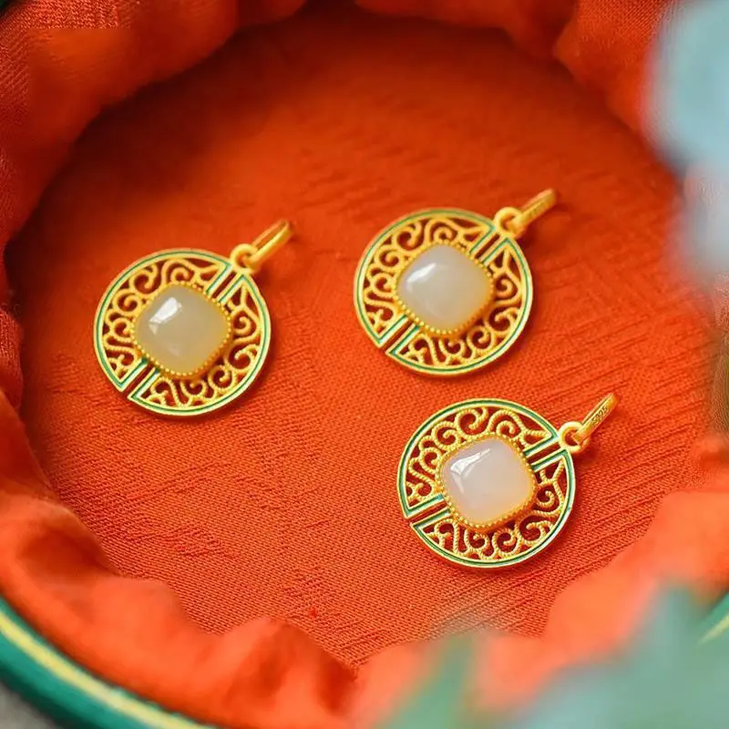 

Original New Chinese Style Hollow S925 Sterling Silver Enamel Natural Hotian Jade Pendant Exquisite and Versatile Necklace Ornam