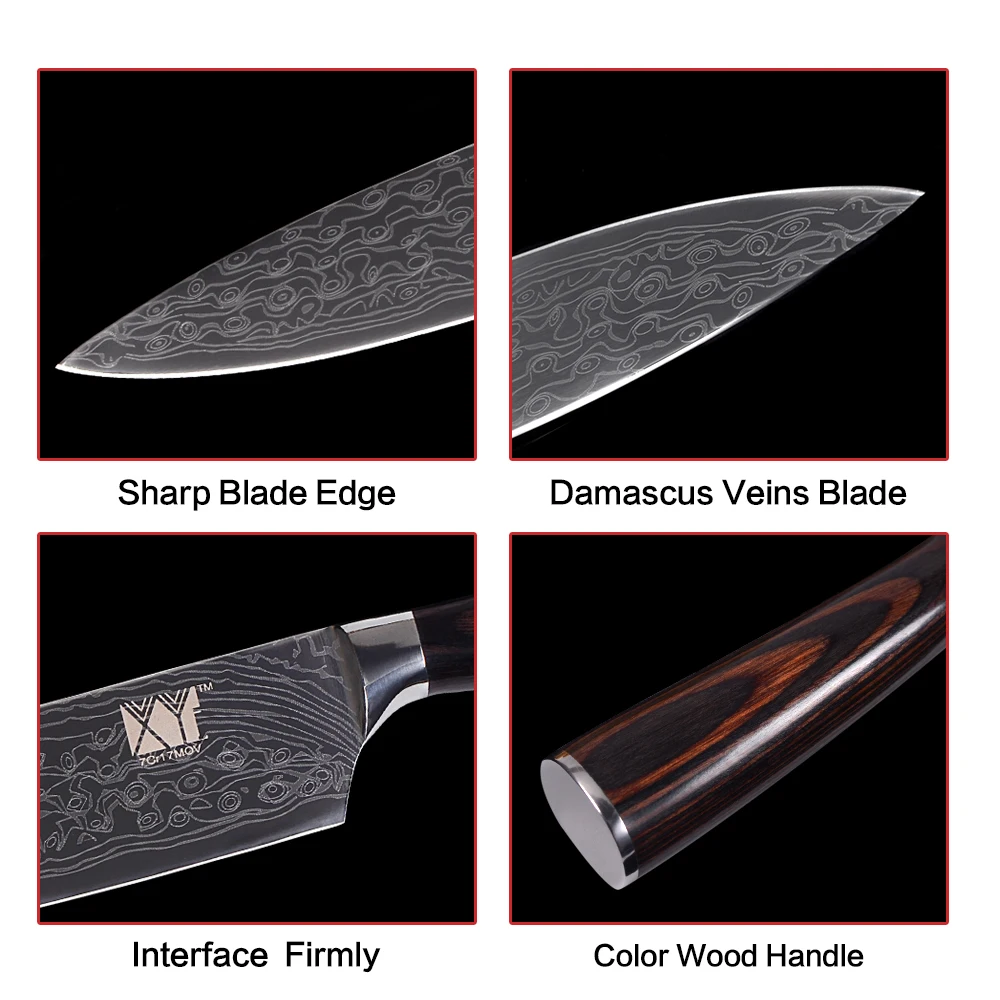 

XYj 5pcs Kitchen Stainless Steel Knives Set Damascus Pattern Veins Knife 8'' Sicing 7'' Santoku 5'' Utility 3.5'' Paring Knives