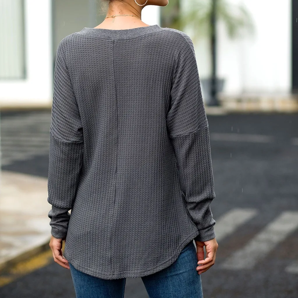 Осенний Вязаный топ с круглым вырезом и пуговицами женская одежда футболка