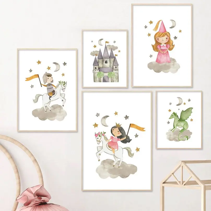 Рыцарь принцесса Дракон лошадь замок настенная Картина на холсте мальчик