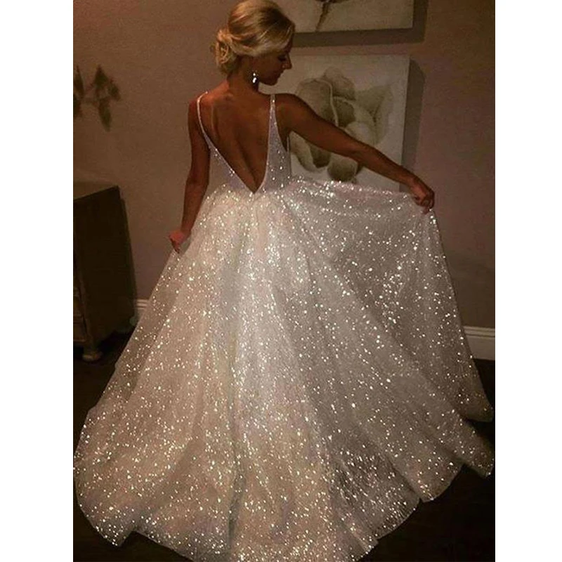 202 New wedding backless cheap dress v neck Spaghetti Straps Bridal vestido de noiva gelinlik Arabic mariee shiny | Свадьбы и