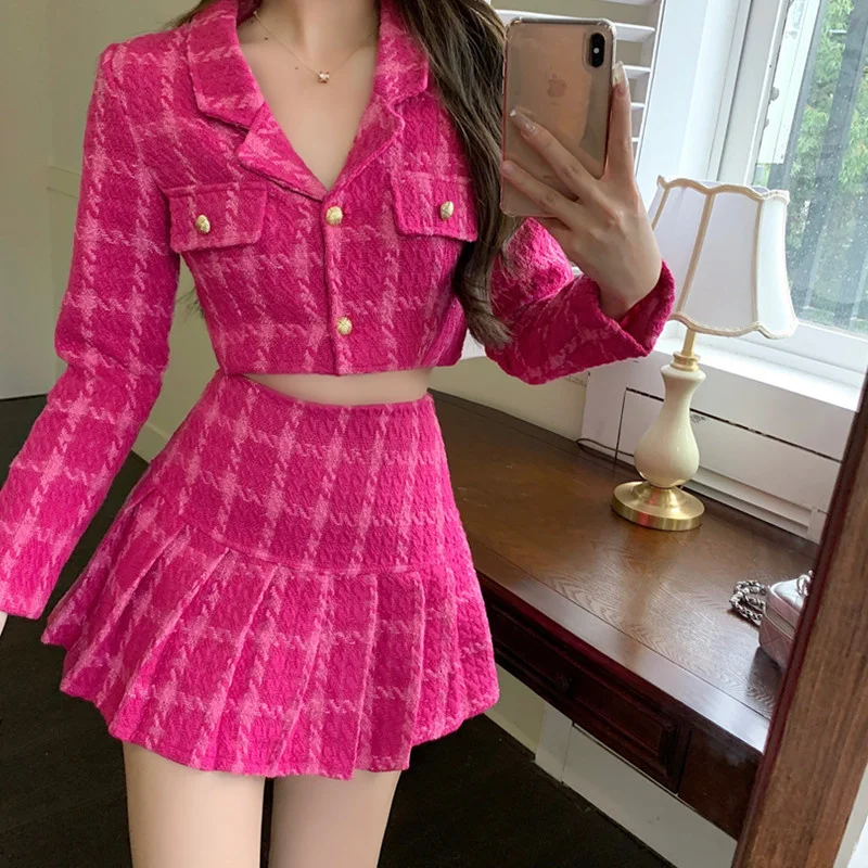

Fall Small Fragrance Vintage Tweed Two Piece Set Women Crop Top Woolen Short Jacket Coat + Mini Skirts Sets Sweet 2 Piece Suits