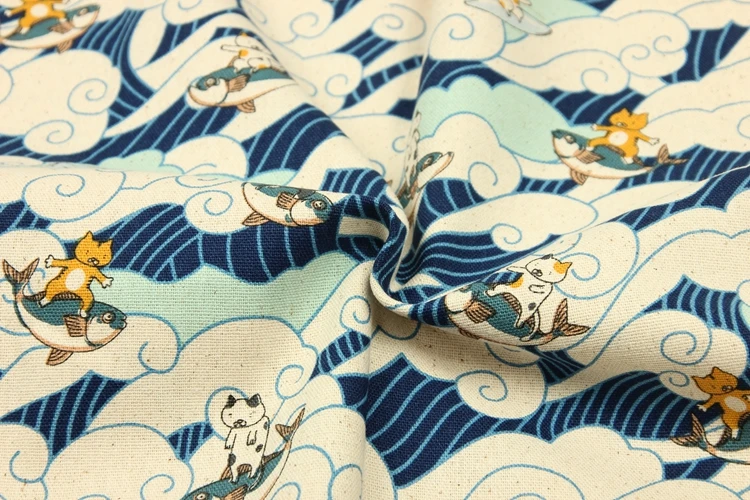 Japan Syle Cotton Fabric for Cushion Cover/Table Cloth Ocean Wave Kitten Prints DIY Handbag/Dress Sewing | Дом и сад
