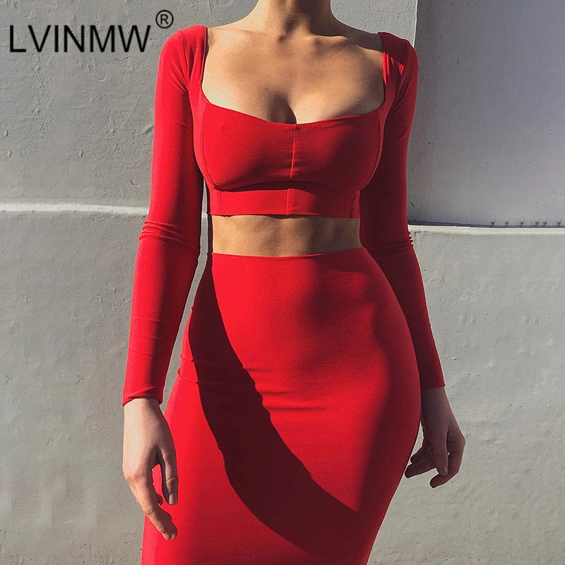 LVINMW сексуальный однотонный осенне зимний комплект из двух предметов с длинными
