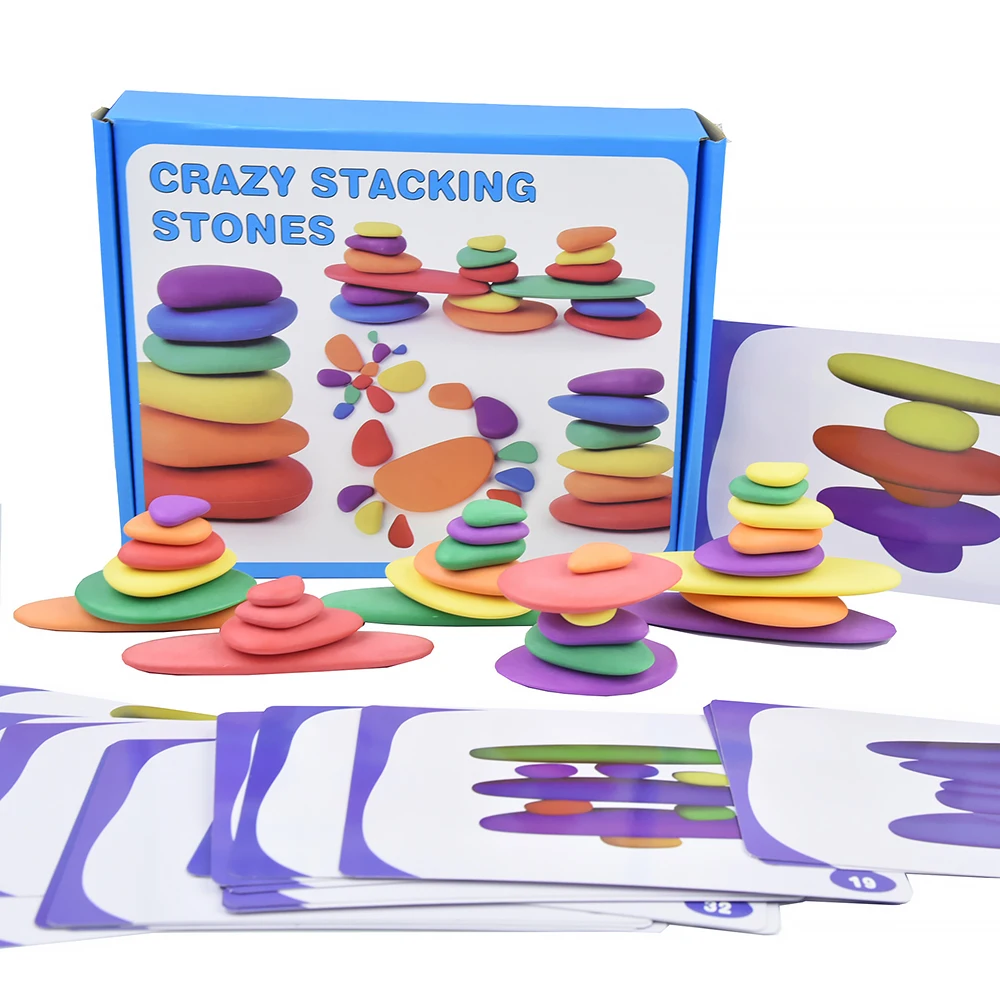 

Wood Pebble Balance Blocks Wooden Rainbow Stacking Toys Creative Jenga Colored Stone Building Blocks Educational Toys for Kids