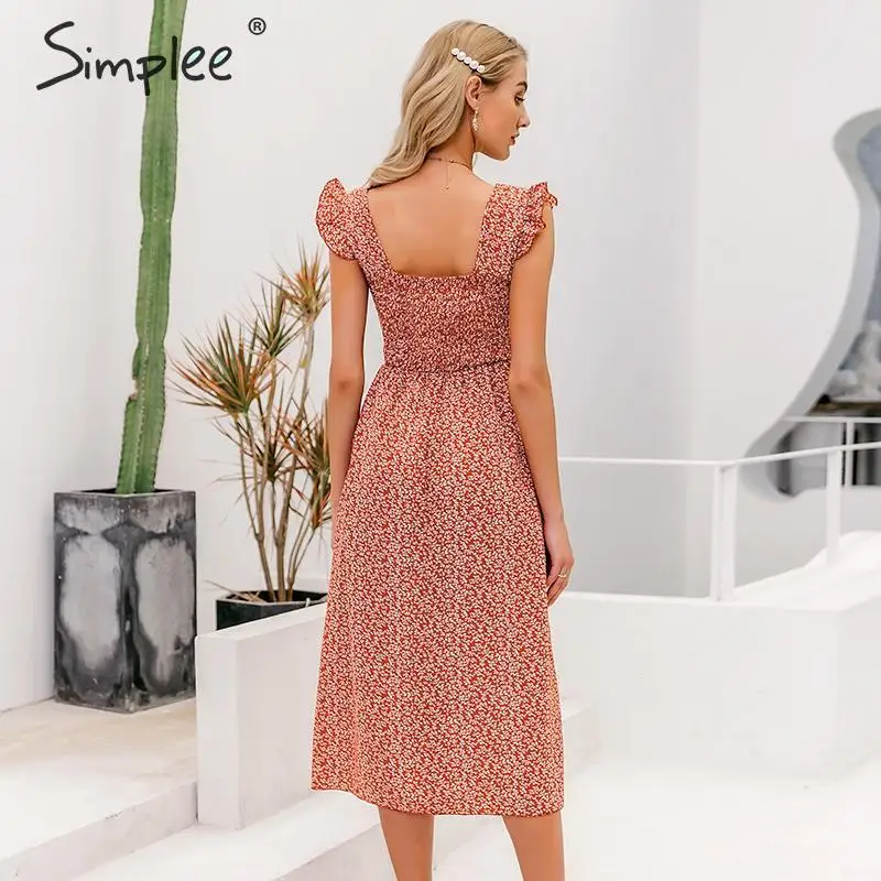 Simplee Bohimian style women summer midi dress Elegant floral print female long sundress A-line ruffle ladies beach dresses | Женская