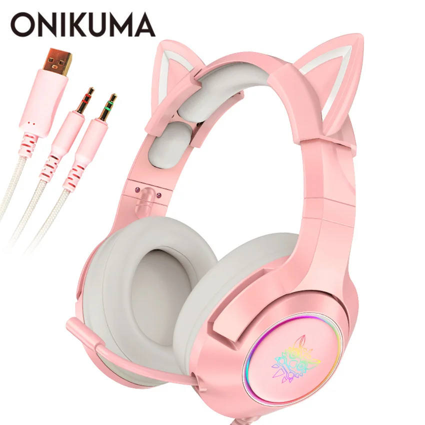 Pink Cat Ear Headset Girls casque Wired Stereo Gaming Headphones with Mic & LED Light for Laptop/ PS4/Xbox One Controller