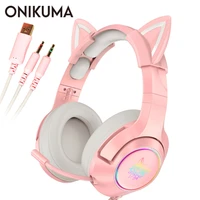 pink cat ear headset girls casque wired stereo gaming headphones with mic led light for laptop ps4xbox one controller