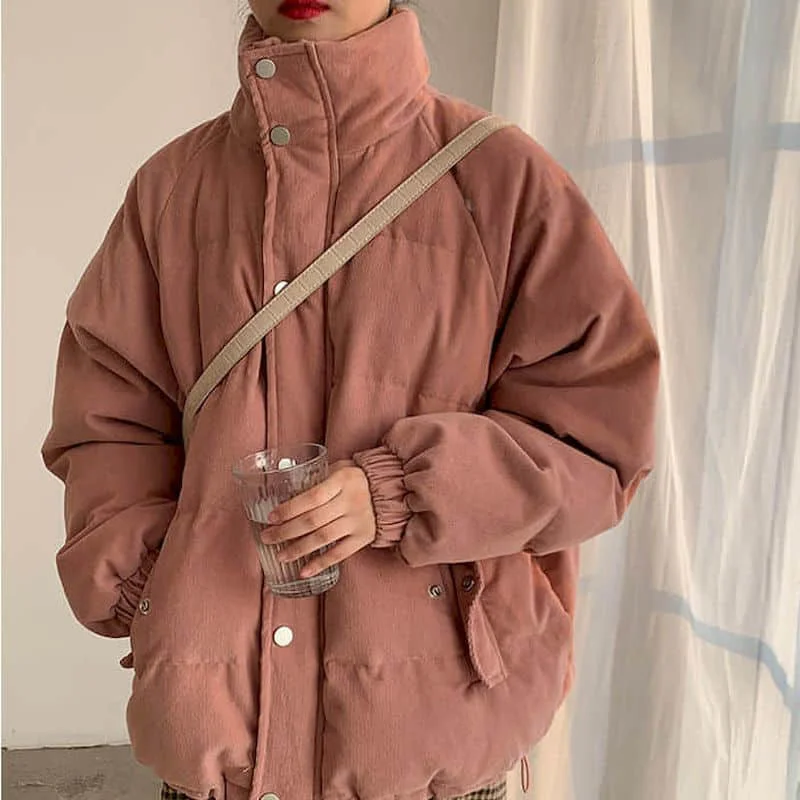 

2021 зимние женские свободные толстые вельветовые куртки в стиле Харадзюку с воротником-стойкой, женские повседневные пальто с длинным рукав...