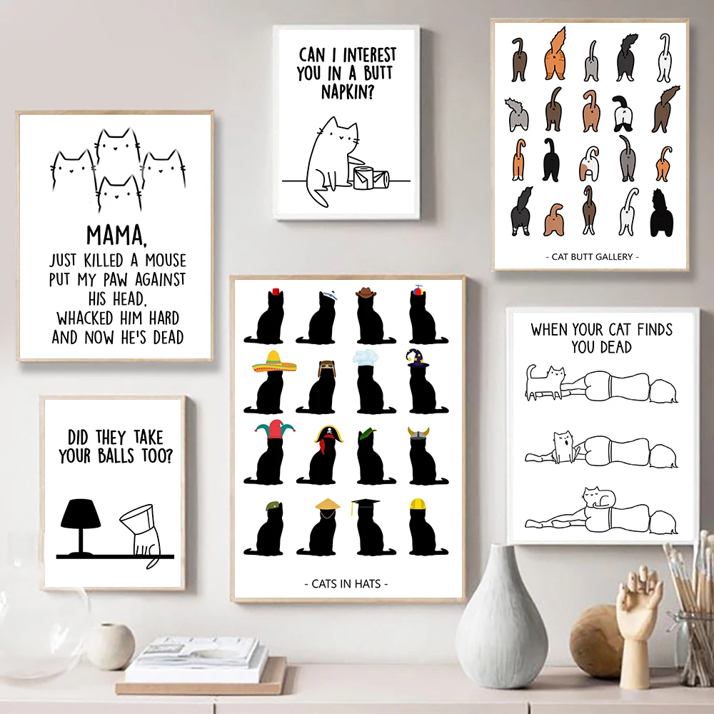 Cat Butt Napkin Wall Art Canvas Painting Funny Bum Posters and Prints House Warming Gift Cats Black White Pictures Home Decor | Дом и сад