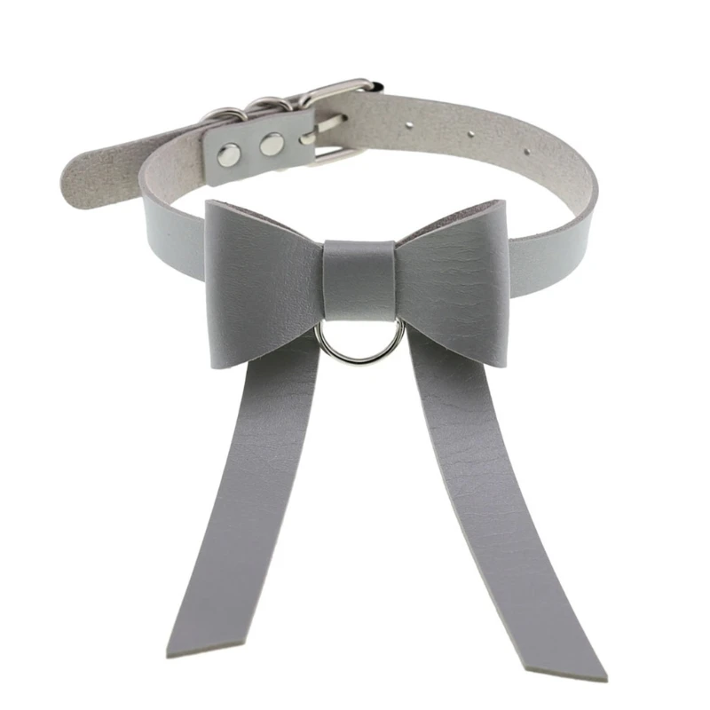 

Gothic Punk Women Faux Leather Choker Necklace Collar Harajuku Sweet Bowknot Metal Ring Pendant Solid Color Bow Tie