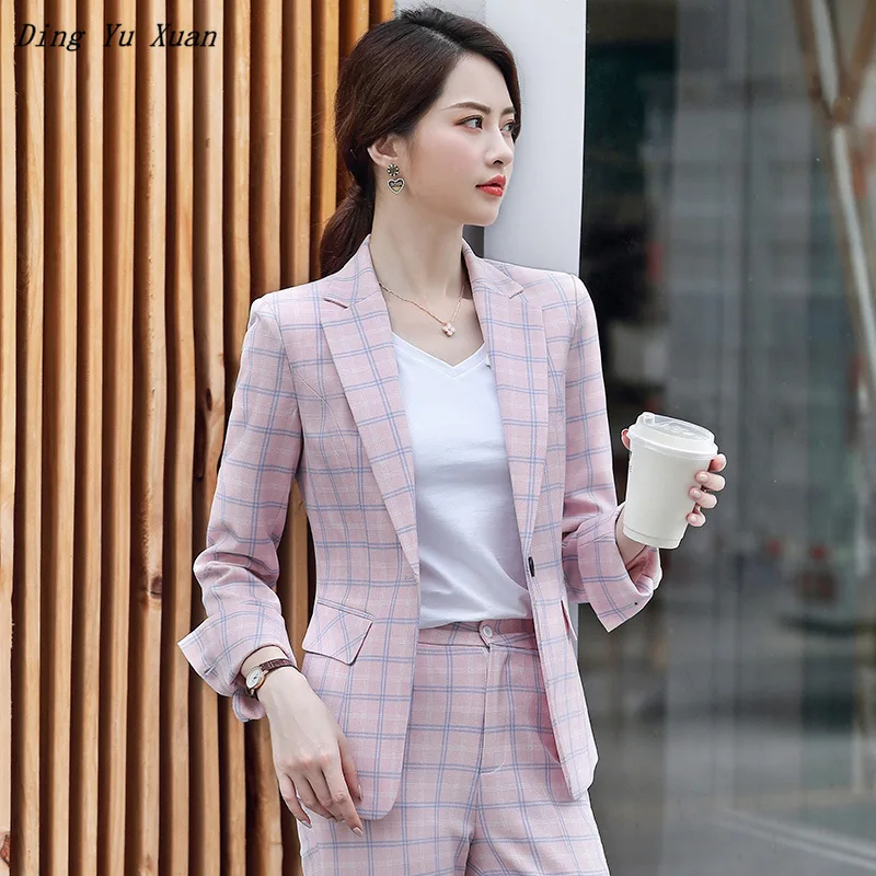

2020 Womens Formal Pants Suit for Work Women 2 Piece Office Suits Slim Blazer with Pants Elegant Pink Grey Plaid Pantsuit Woman