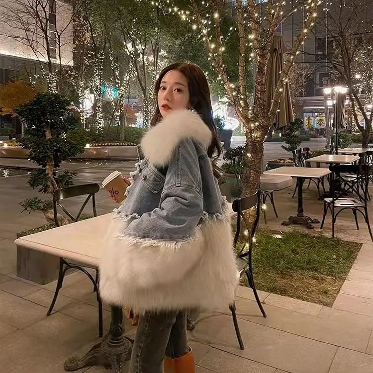 2021 winter new style denim stitching real fox fur young overcoming coat women's mid-length faux fur coat