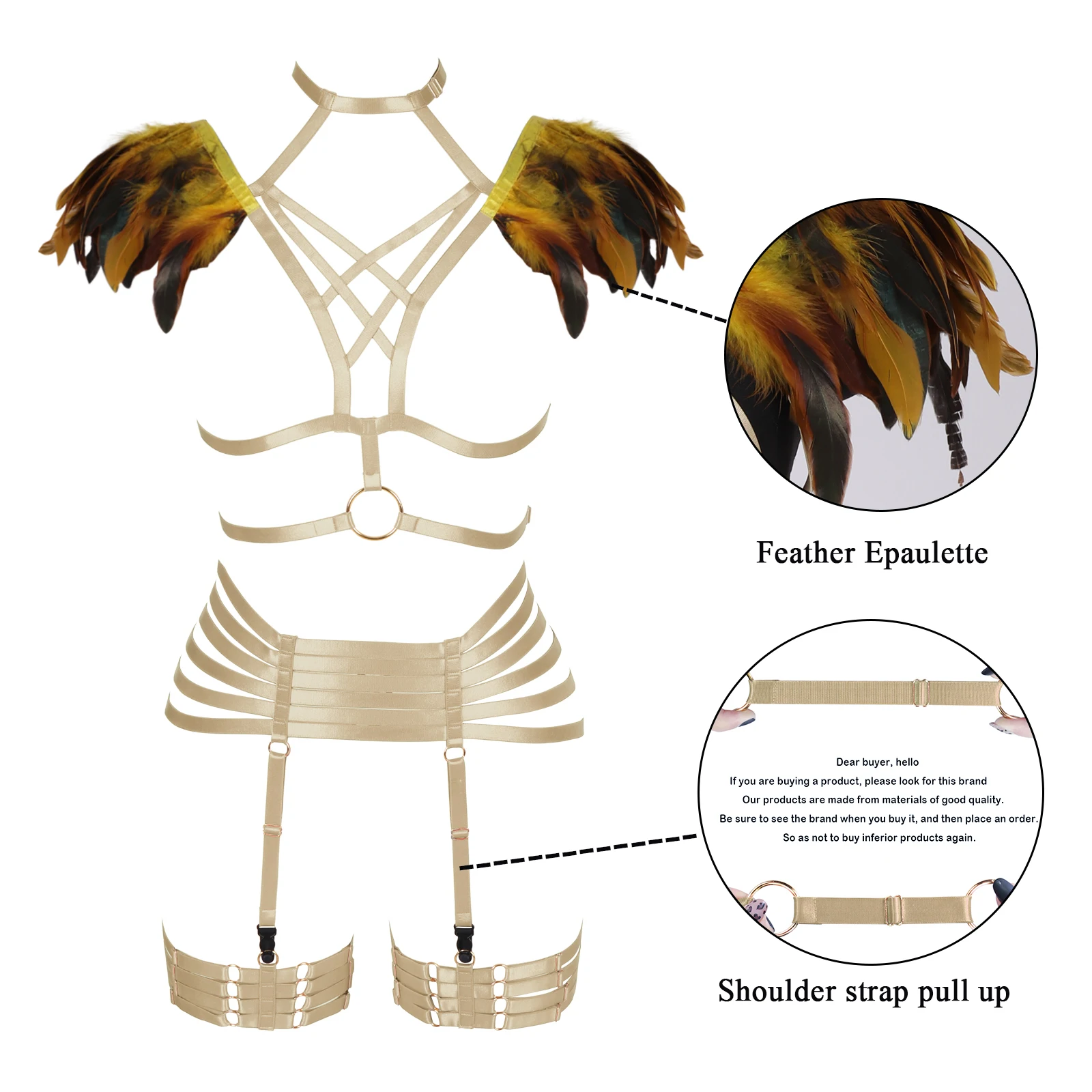 

Yellow Feathers Accessories Women Set Body Harness Sexy Goth Harness Bondage Bralette Fetish Wear Open Chest Body Suspender