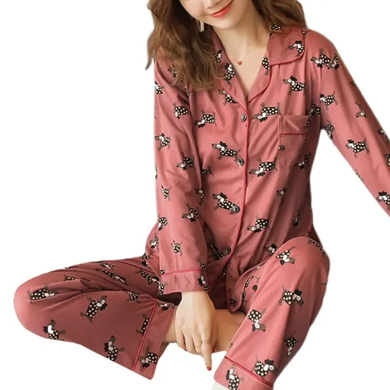 

Женская пижама комплект Kawaii Детские с рисунками из мультфильмов пижама с длинными рукавами на пуговицах с вырезанным воротником, наряд со с...