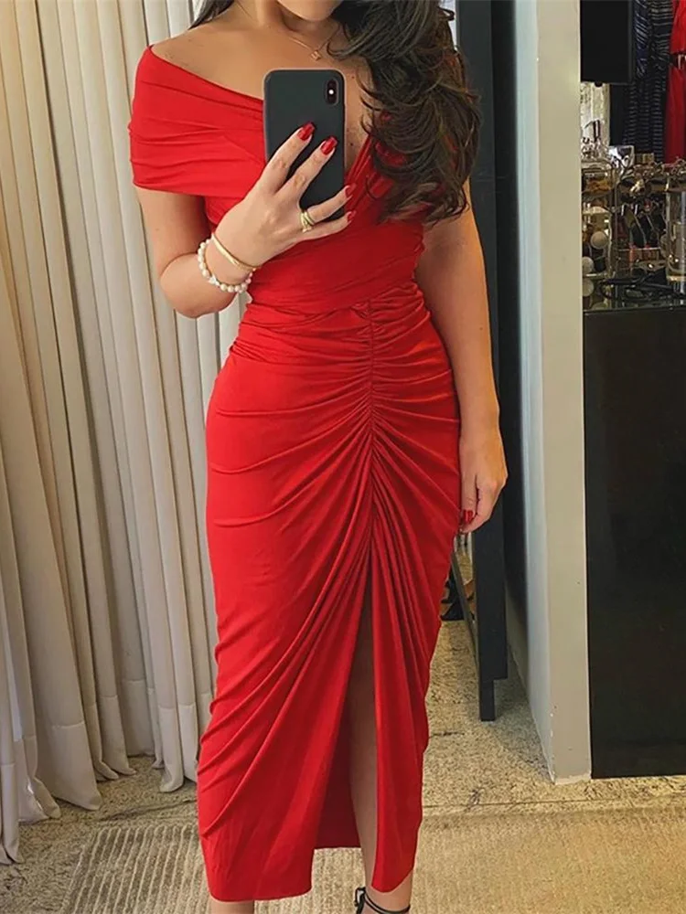 Для женщин с открытыми плечами рюшами облегающее платье сексуальный коктейль