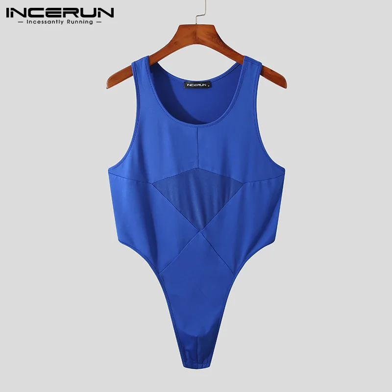 

INCERUN Men Pajamas Bodysuit O Neck Sleeveless Patchwork Rompers Brief Homewear Cozy Fitness Sexy Underwear Men Bodysuits S-5XL