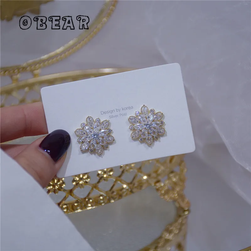 

OBEAR 14k Real Gold Plating Korean High-Quality Flower Crystal Stud Earrings Women Sweet Lovely Anniversary Jewelry