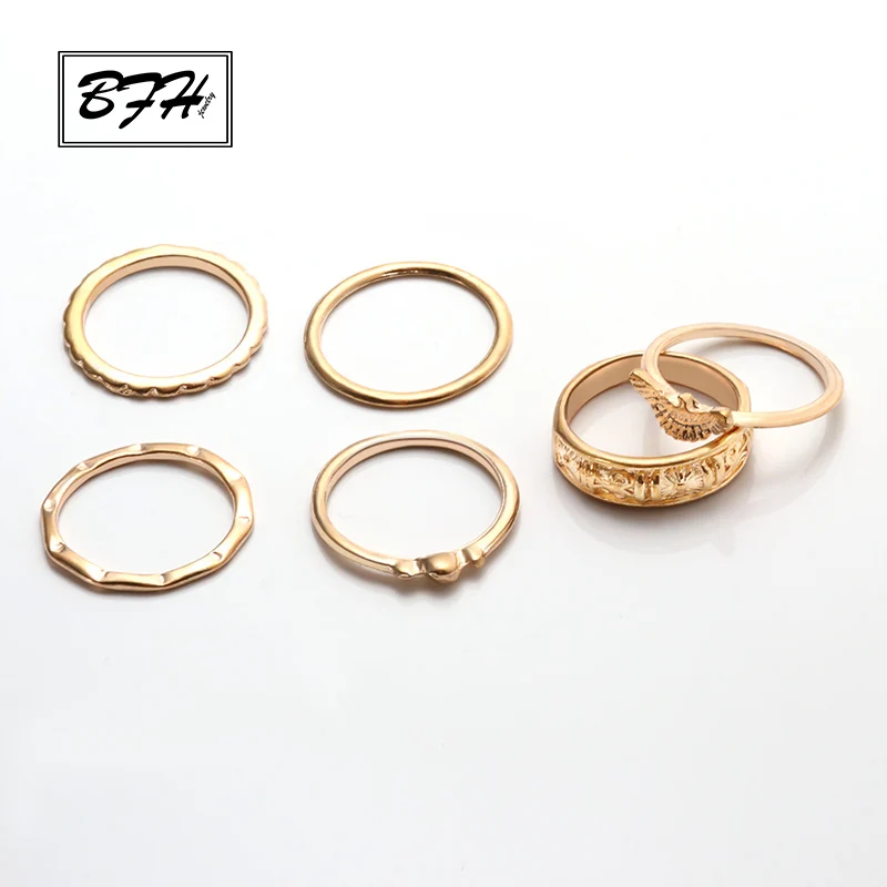 6Pcs Gold2 BFH винтажные золотые кольца для женщин богемное этническое Серебряное сердце лук твист палец кольцо Набор костяшки модные ювелирные изделия - Цвет основного камня: 6Pcs Gold2