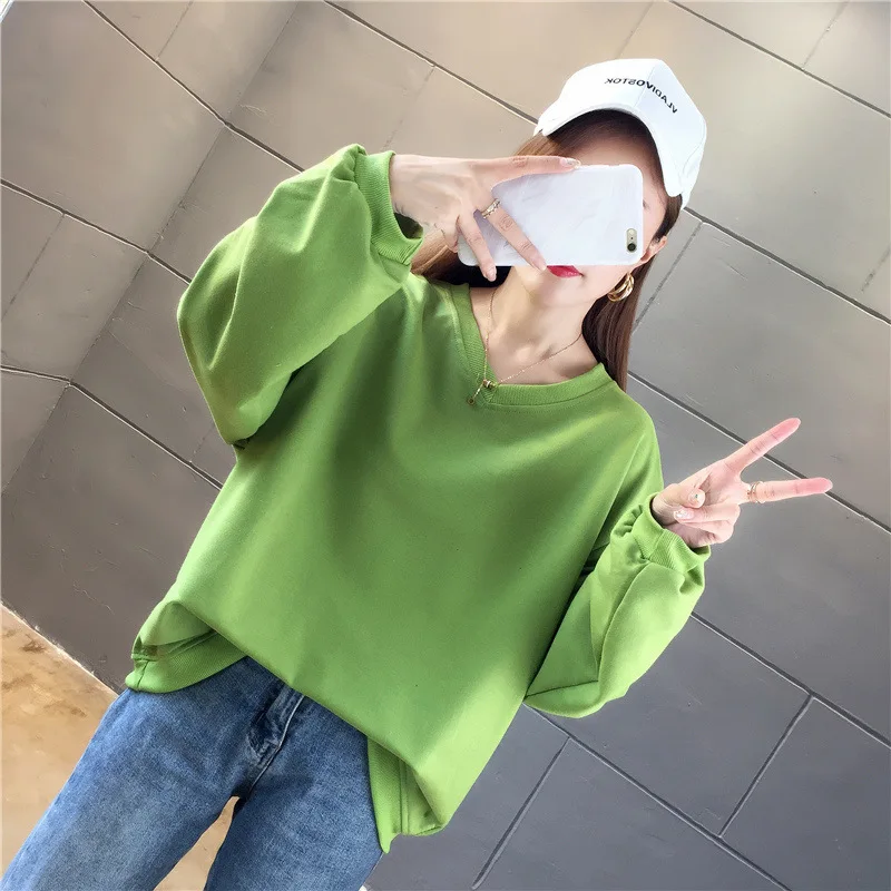 

CN 2021 Spring Autumn Korean Women Sweatshirts Casual V Neck All Match Pullover Loose oversize Solid Sweatshirt Women