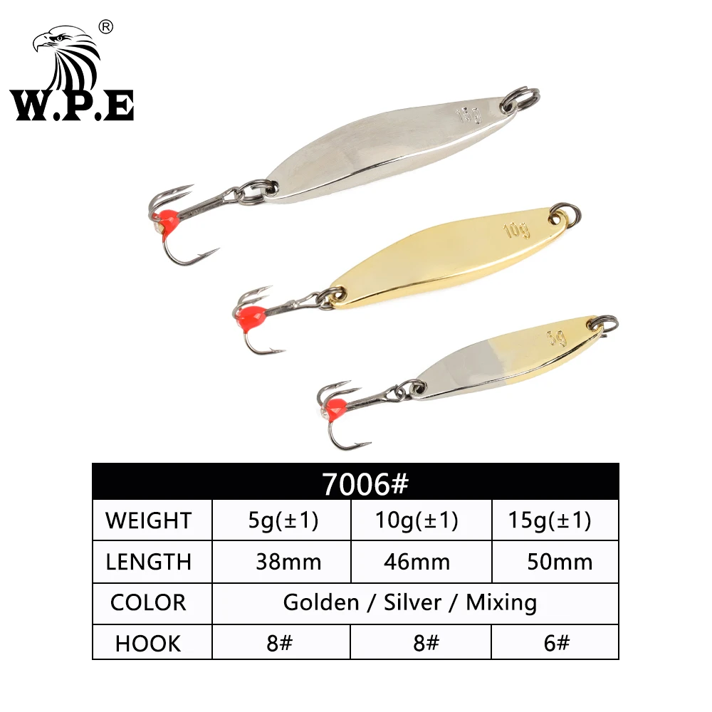 W.P.E Ice Fishing Lure 1pcs 5g/10g/15g/20g Hard Fishing Lure Treble Hook 8#/10#/12# Metal Spoon Lure Balancers Wobbler Pesca