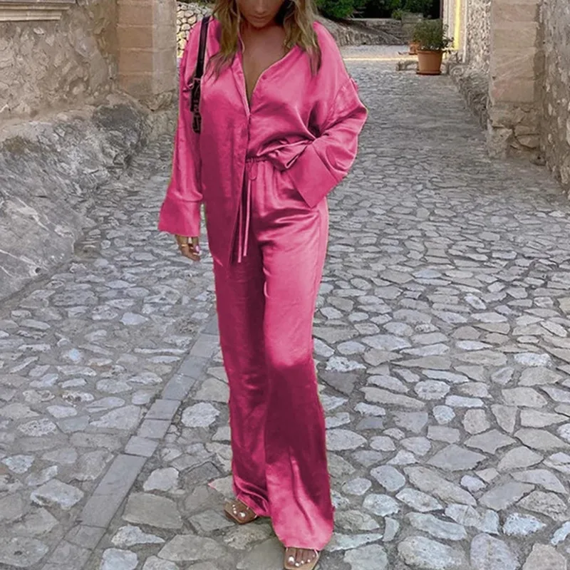 

2021 Tracksuit Satin Women Long Sleeve Top Shirts And High Waist Pants Elegant Casual Two Piece Sets Green Party Outfits