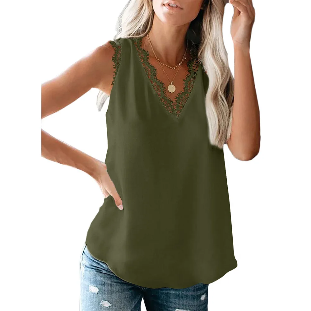 

Summer new women's V-neck lace sleeveless loose T-shirt ladies street casual fashion clothing variety of solid color T-shirts