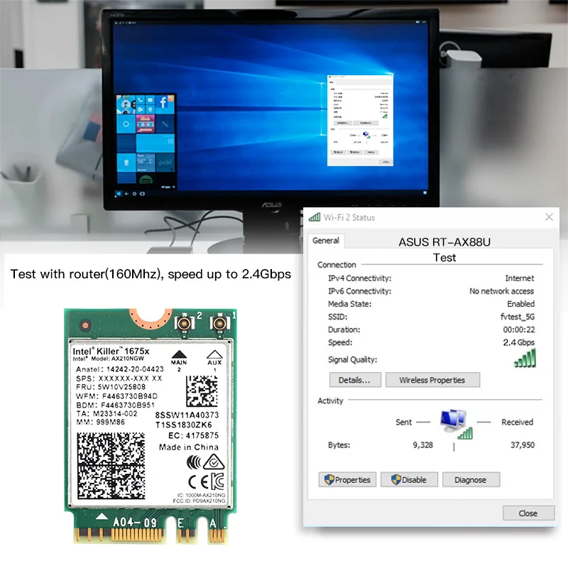 Беспроводной адаптер Wi-Fi 6e AX210 5374 Мбит/с поддержка Bluetooth