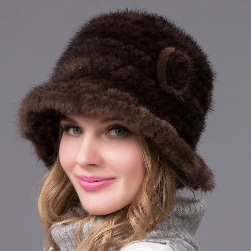 

Fashion Winter Hats for Women Real Mink Fur Hat Female Patchwork Fox Fur Mix Color Internal Knitting Beanies Warm Thanksgiving