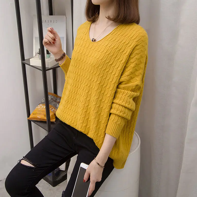 

Autumn Winter Sweaters Women Fashion V Neck Solid Color Knitter Pullover Loose Long Sleeve Korean Basic Female Jumper Yellow
