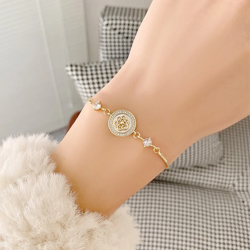 

Fashion Fine Elegant 14k Real Gold Shell Stone Flowers Charm Bracelet for Women Jewelry Micro Inlay Zirconia Anniversary Gift