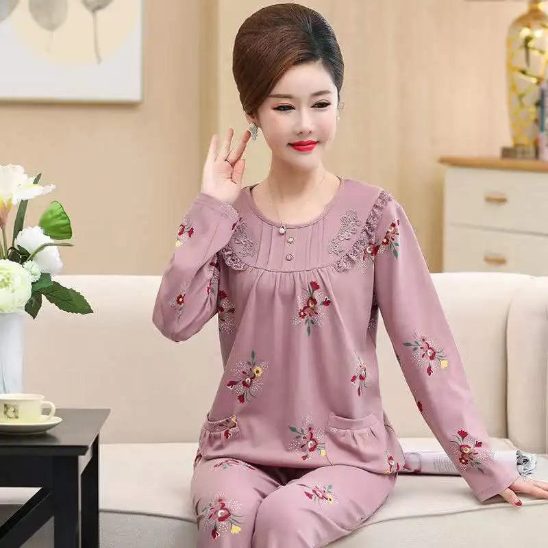 Spring Autumn Pajama Set For Women Long-Sleeved Trousers Round Neck 2-Piece Set Home Clothes Pyjamas Plus Size Mother Pajamas