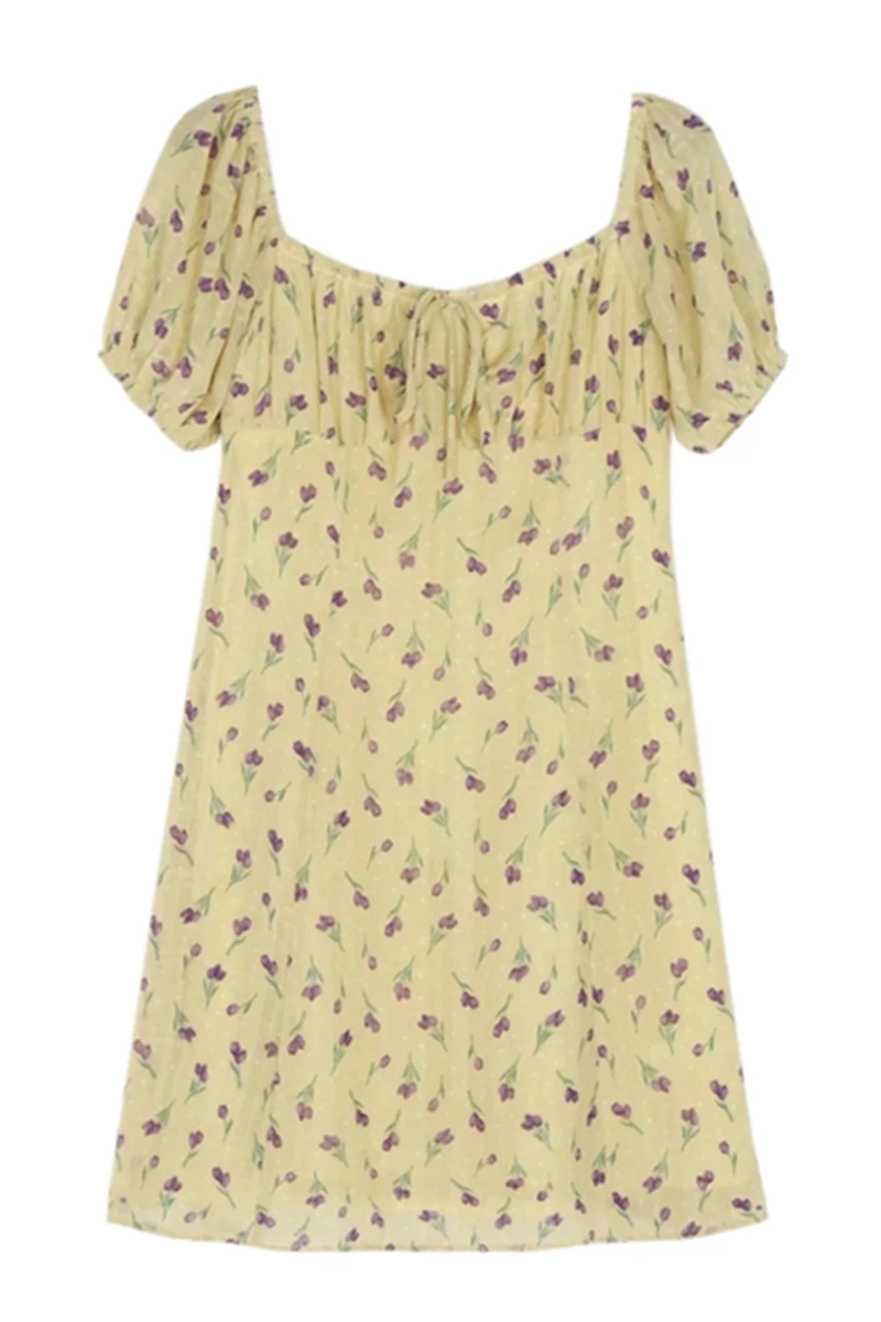 

French Niche Square Neck Bubble Sleeve Small High Waist Floral Waist Dress Women's Skirt Summer