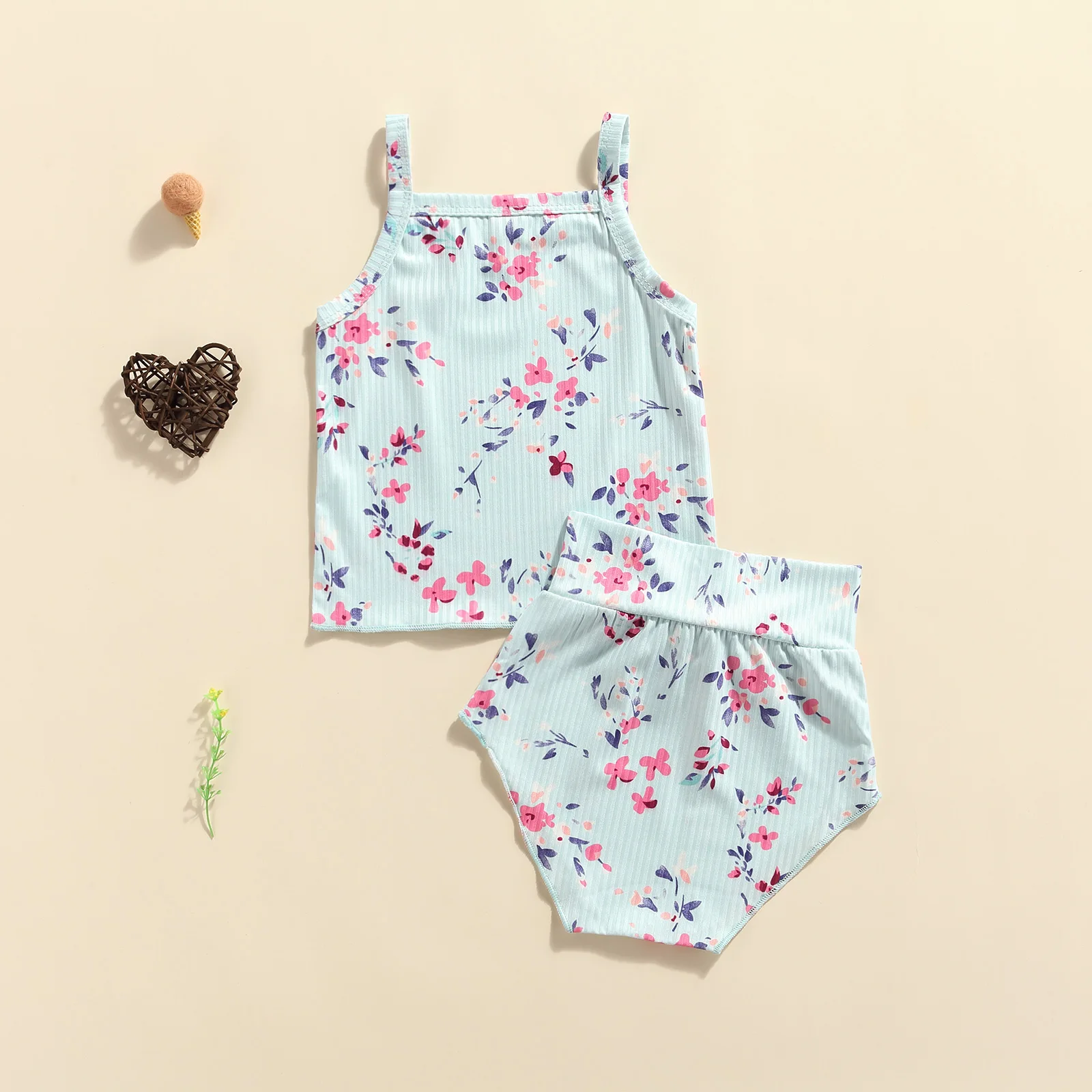 

0-18 Months New Baby Girls Two-piece Summer Sleeveless Clothes Set Floral Printed Pattern Boat Neck Camisole High Waist Shorts