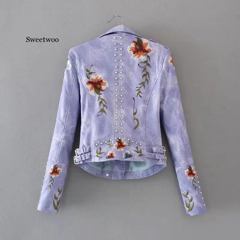 Women Floral Print Embroidery Faux Soft Leather Jacket Coat  Turn-down Collar Casual Pu Motorcycle Black Punk Outerwear