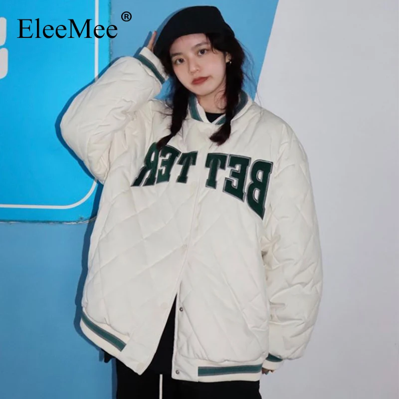 

EleeMee Winter Jacket Women Letter Thick Warm Female Parkas 2022 Mixed Color Cacasual Coat All-Match Fashion Size S-L