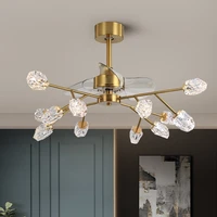 nordic light luxury invisible ceiling fan lamp living room crystal lamp personality smart restaurant bedroom fan chandelier