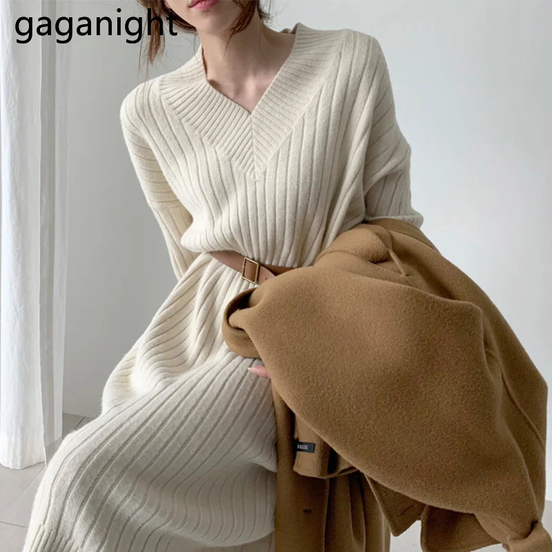 

Gaganight Elgegant Women Knitted Bodycon Maxi Dress Long Sleeve V Neck Chic Dresses Female Autumn Winter Solid Fashion Vestidos