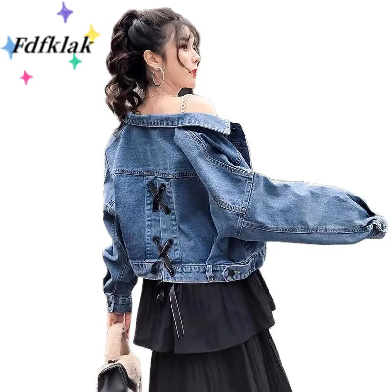 

Fdfklak Blue Cropped Denim Jackets Women Lace Pockets Vintage Coat Spring Autumn New Streetwear Ripped Denim Outwear Casual